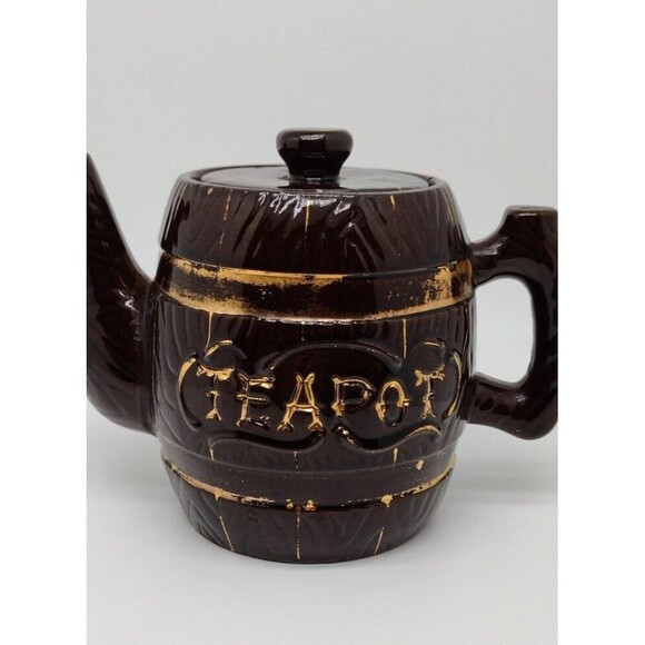 VTG 5" Barrel Teapot With 3 Mini Sipping Cups MCM Brown Gold Pottery Small Japan - Picture 8 of 11